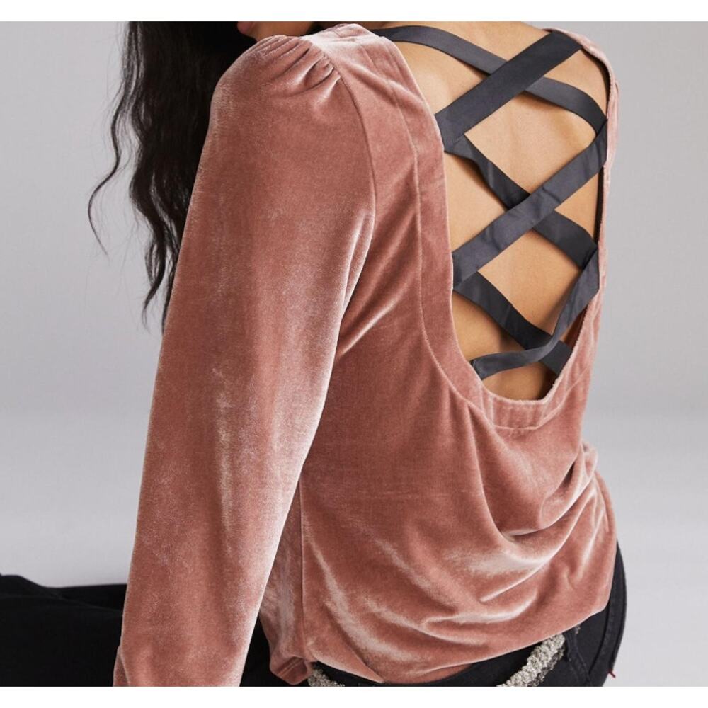 Anthropologie Strappy Open-Back Velvet Top Shirt | Sz XS | Taupe & Black - Picture 4 of 4